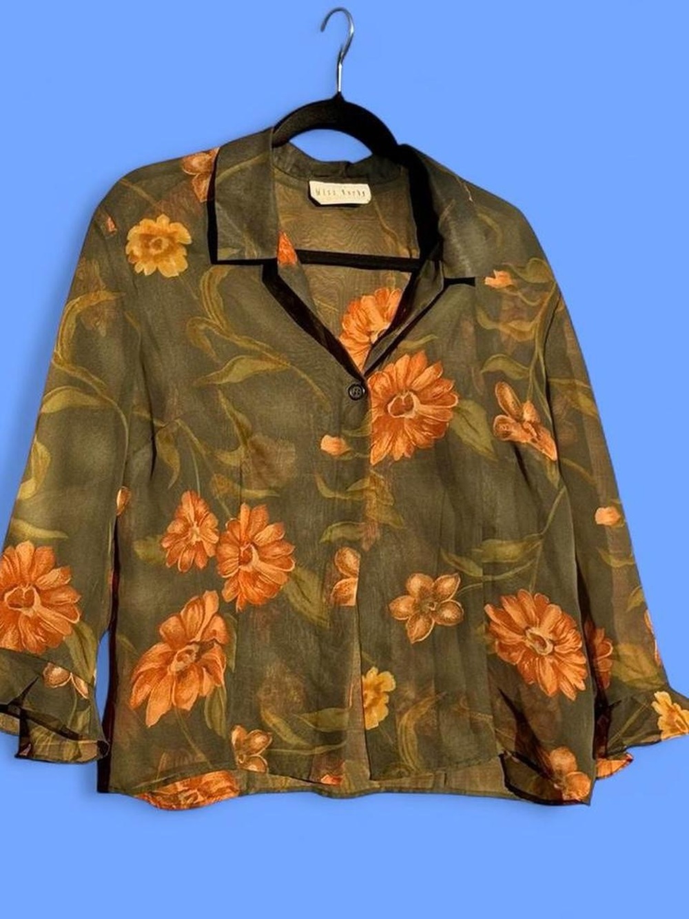 Bill Levkoff Olive Sheer Floral Button-Up Blouse with Orange Blooms